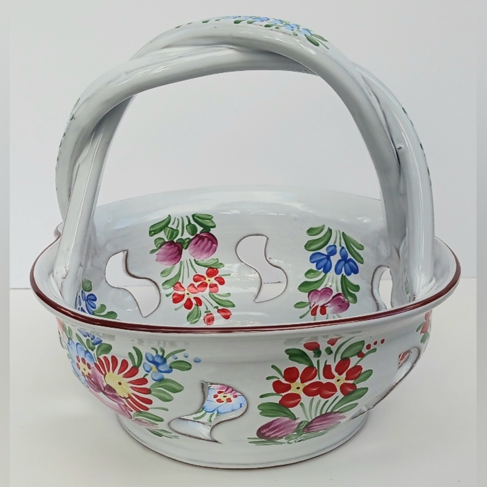 Chodska keramika Reticulated Hand Painted Porcelain Floral Basket KP Signed 6.5"